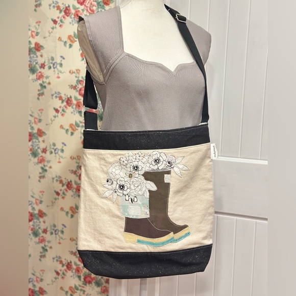 HollyHock Co. Handbags - Cute winter flower and boot patchwork design on a canvas tote bag by HollyHock